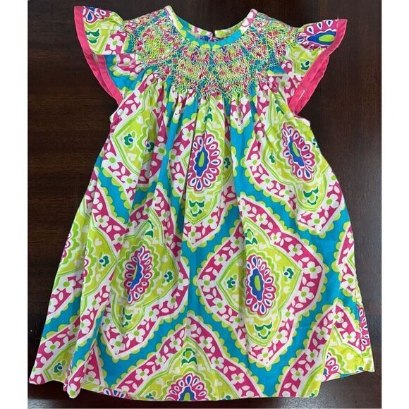 LE ZA ME MULTI-COLOR PRINT SMOCKED DRESS -12M - Picture 7 of 9